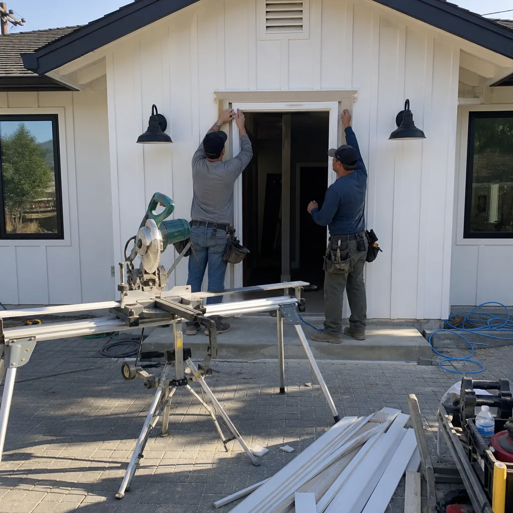 Two professional builders installing custom door trim on a new ADU