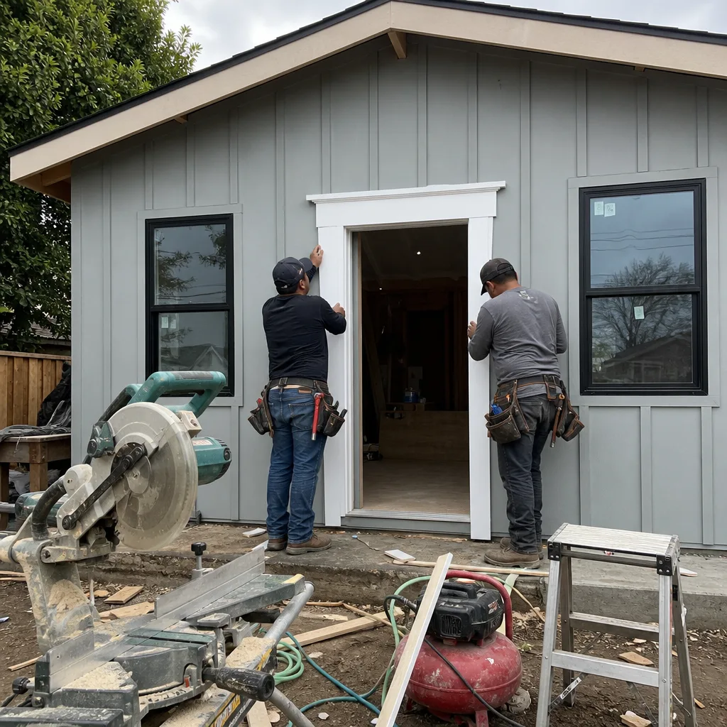 Two contractors installing trim on the exterior of an ADU.
