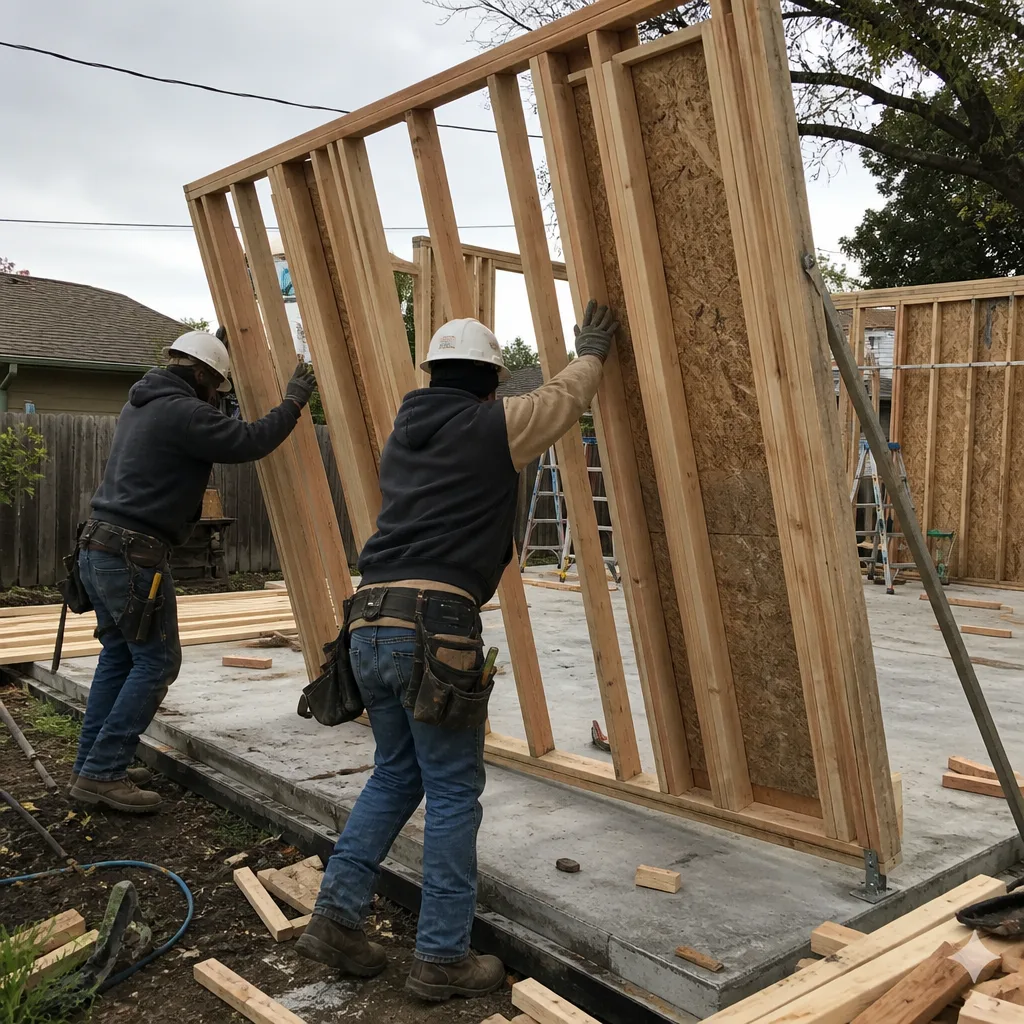 Two construction workers raising a wood frame wall for an ADU project.