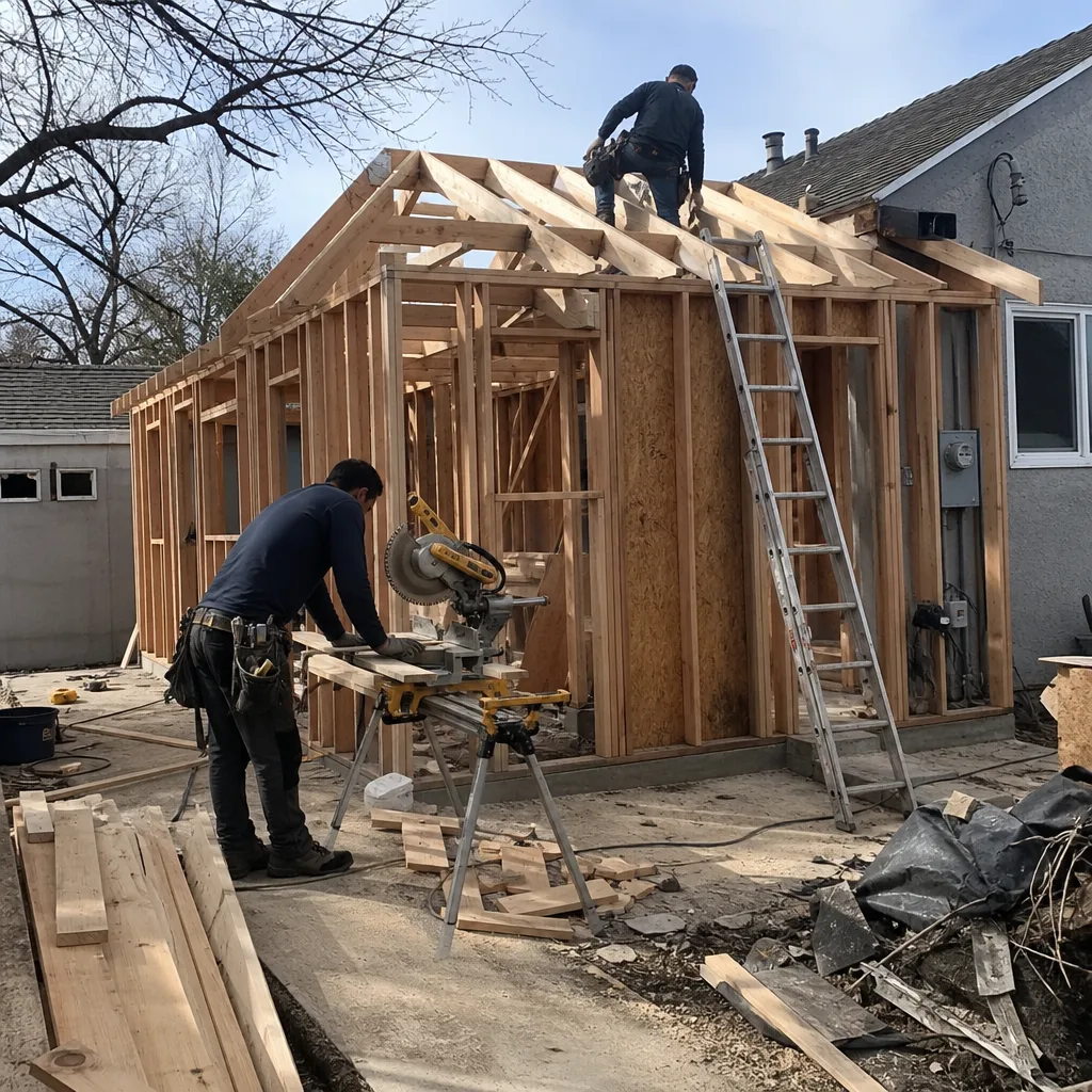 Professional contractors building a residential home addition with wood framing