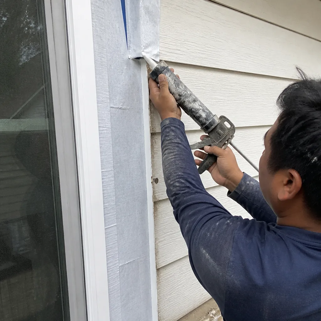 Contractor applying caulk to exterior siding of home addition