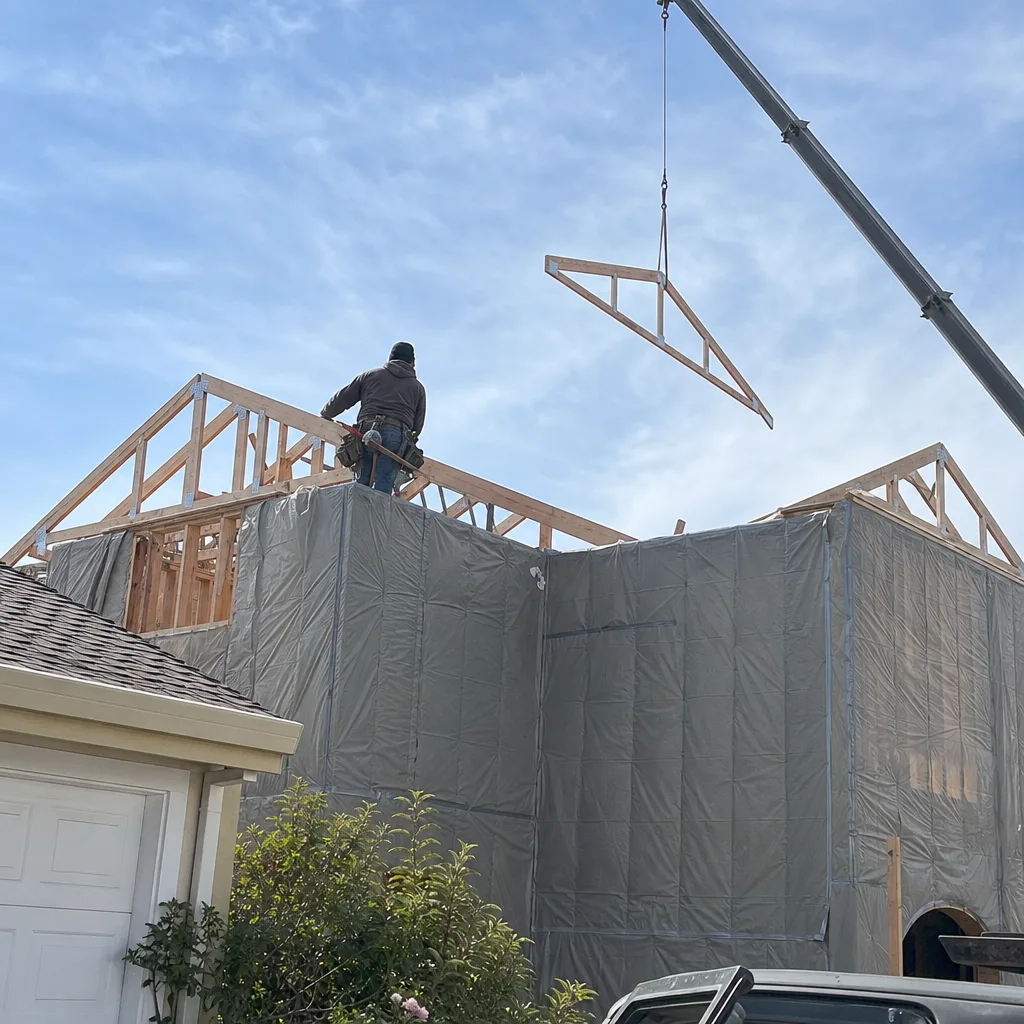 construction worker installing roof trusses on a home addition project