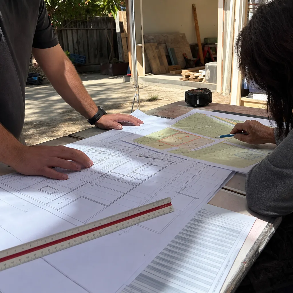 Contractor and client reviewing ADU construction plans on a table