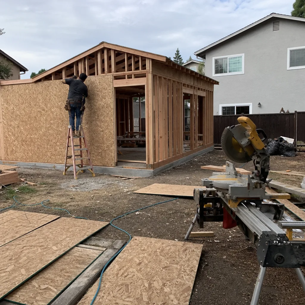 Contractor installing exterior wall sheathing on a backyard room addition project