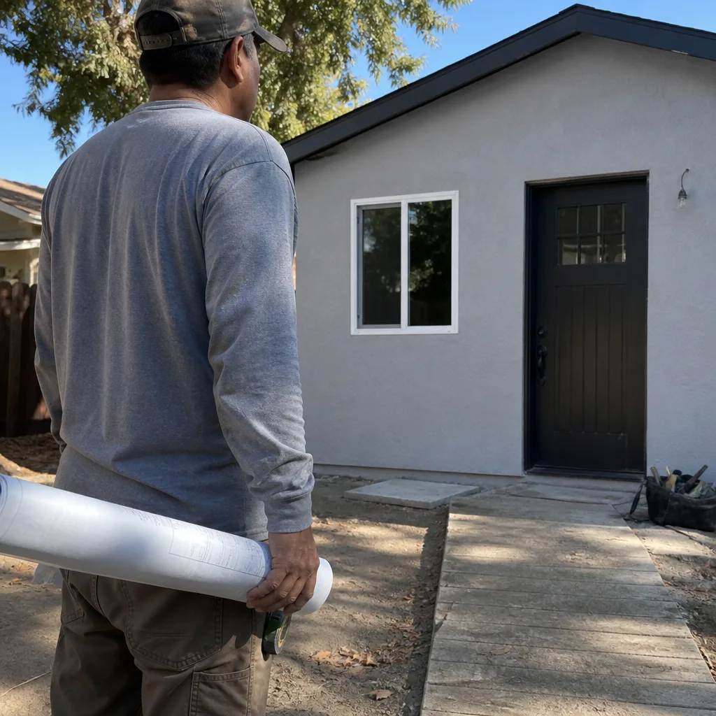 Contractor holding blueprints in front of a completed modern home addition